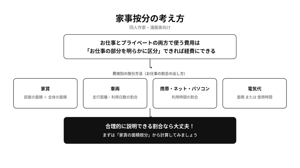 家事按分の考え方と費用別の按分方法(家賃・車両・携帯・ネット・パソコン・電気代)の図解